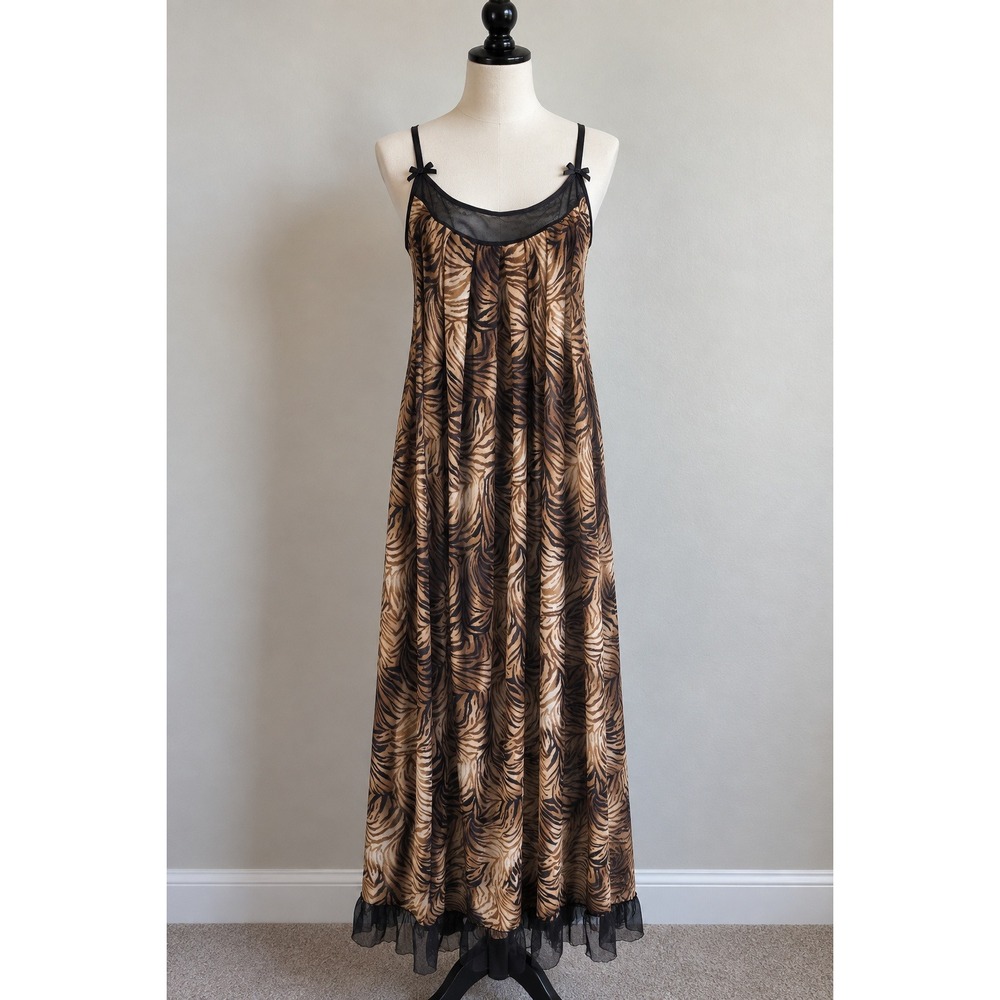 Studio Donatella Tiger Print Nightgown Mesh Trim Maxi Sleep Dress Brown Tan M